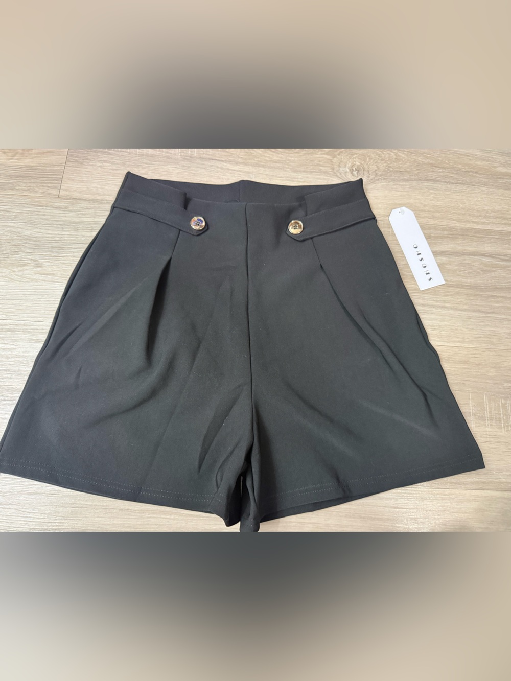 shosho High-Waist Black Pleated Shorts with Gold Buttons